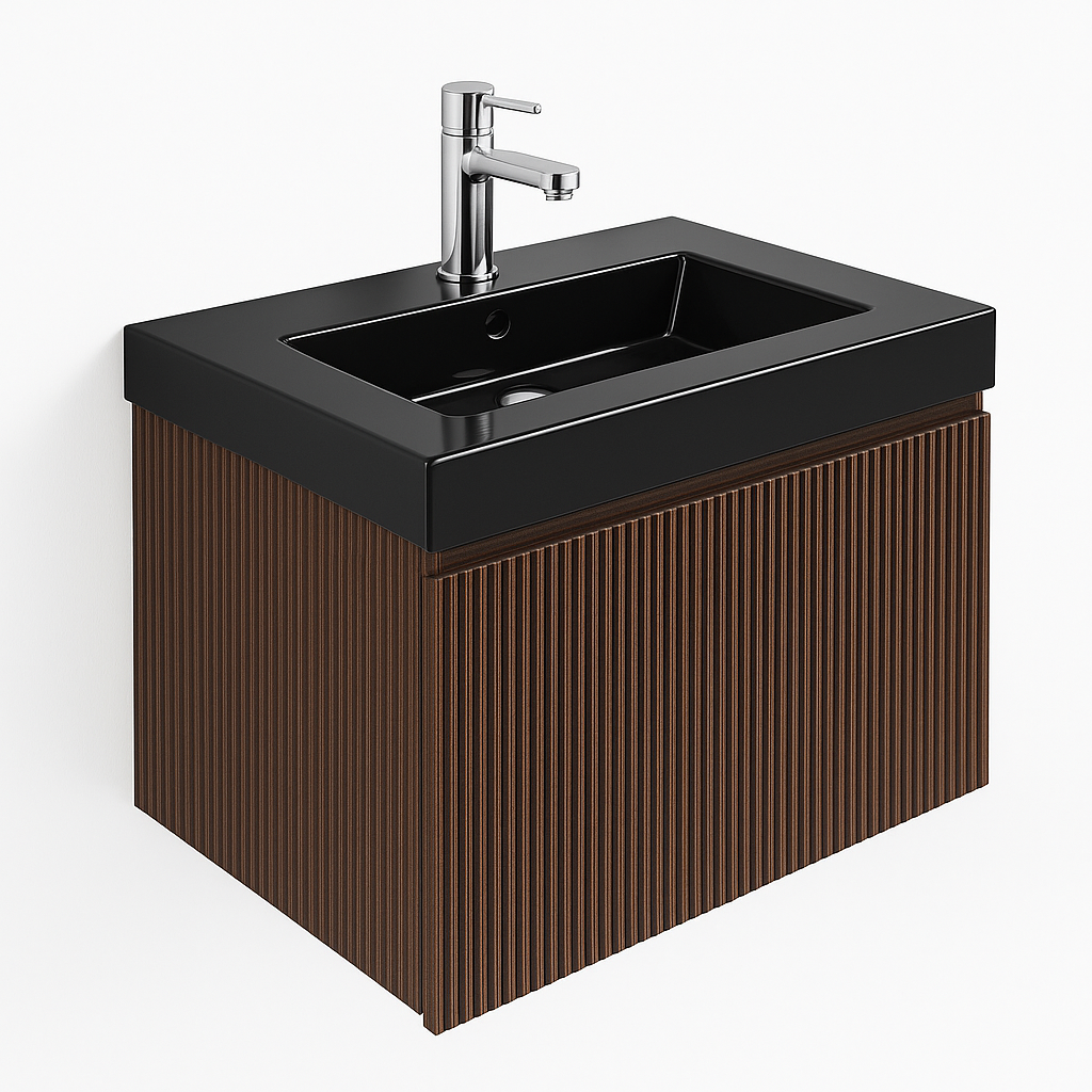 aloni-ela-badkamermeubel-80-cm-wenge-met-mat-zwart Mobilier de baie Aloni Ela 80 cm cu lavoar negru, finisaj nuc - imagine 1